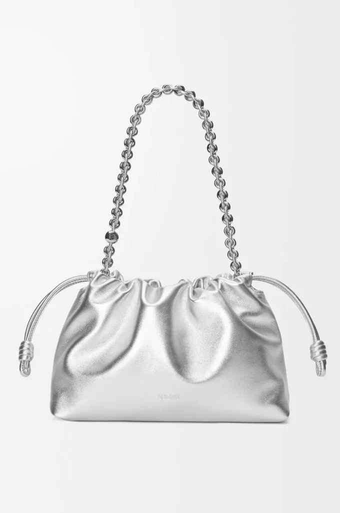 Sac à main Flamenco moyen en cuir d&rsquo;agneau laminé Argent