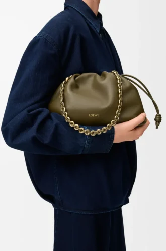 Sac à main Flamenco moyen en cuir d&rsquo;agneau nappa souple Kaki foncé