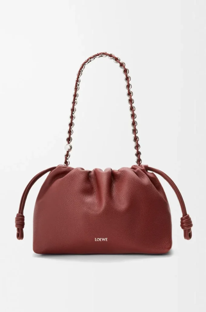 Sac à main Flamenco moyen en cuir de veau grainé fin Acajou
