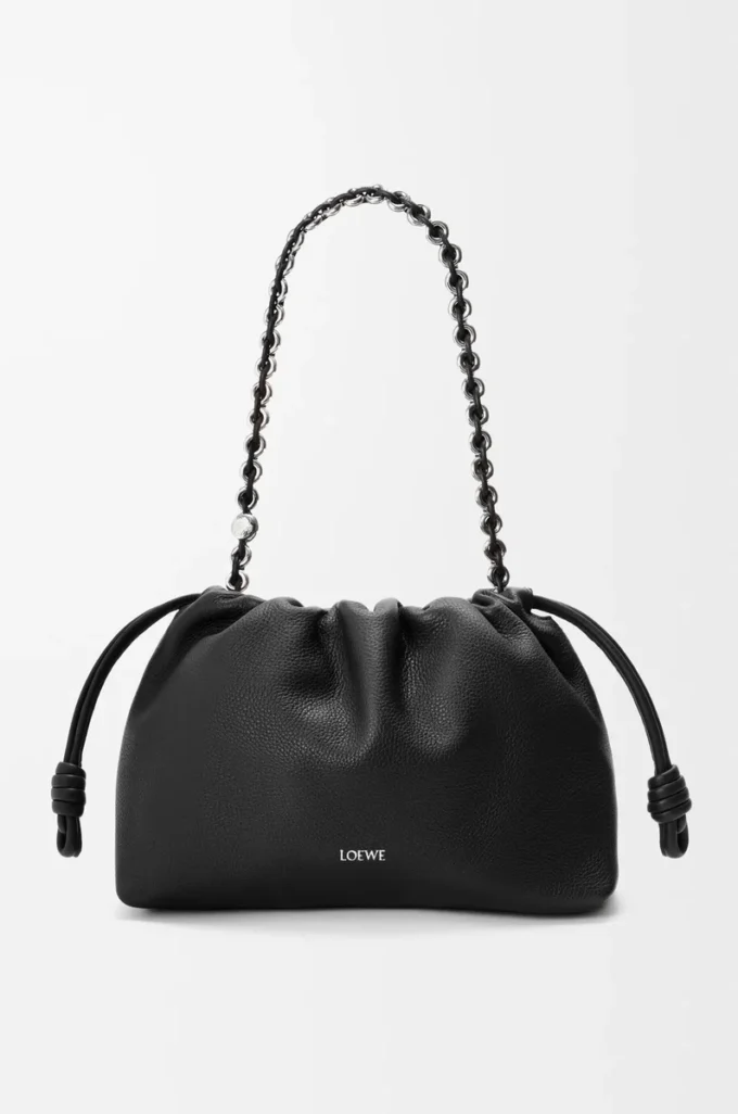 Sac à main Flamenco moyen en cuir de veau grainé fin Noir