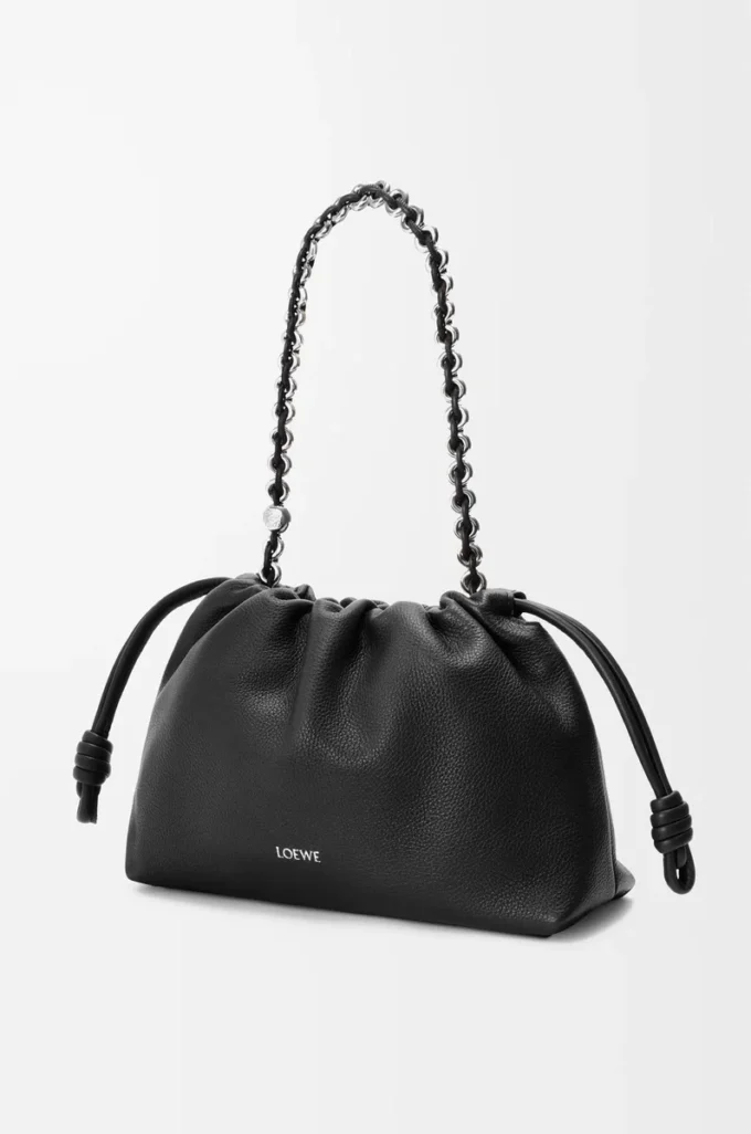 Sac à main Flamenco moyen en cuir de veau grainé fin Noir