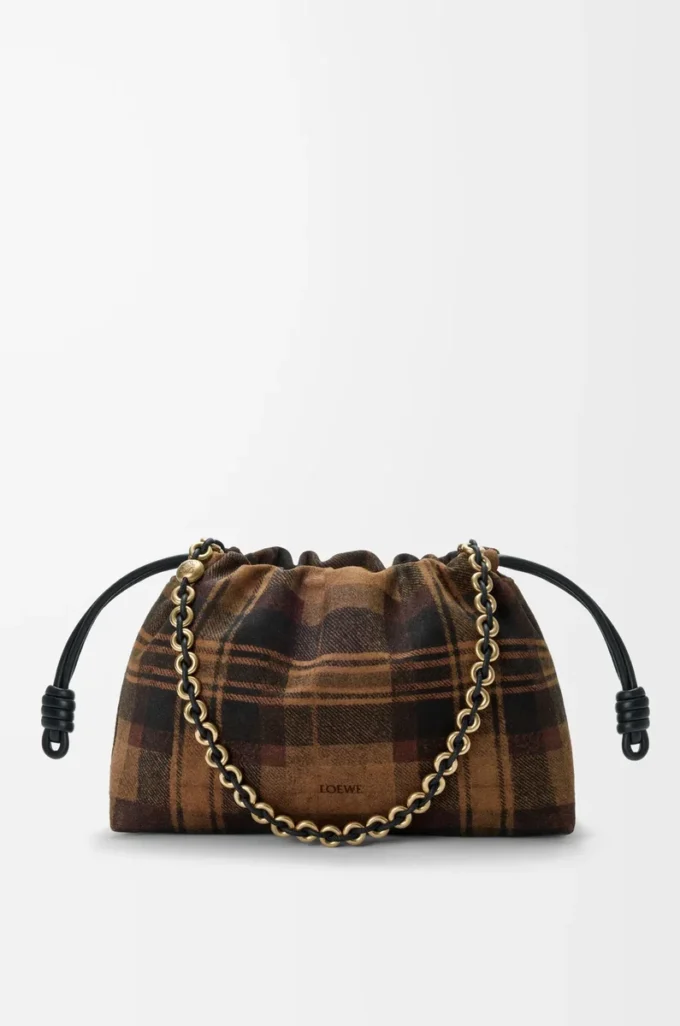 Sac à main Flamenco moyen en daim tartan beige/noir