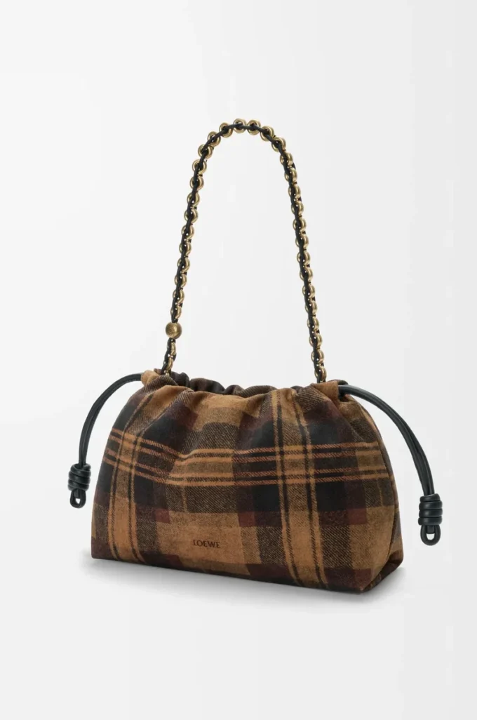 Sac à main Flamenco moyen en daim tartan beige/noir
