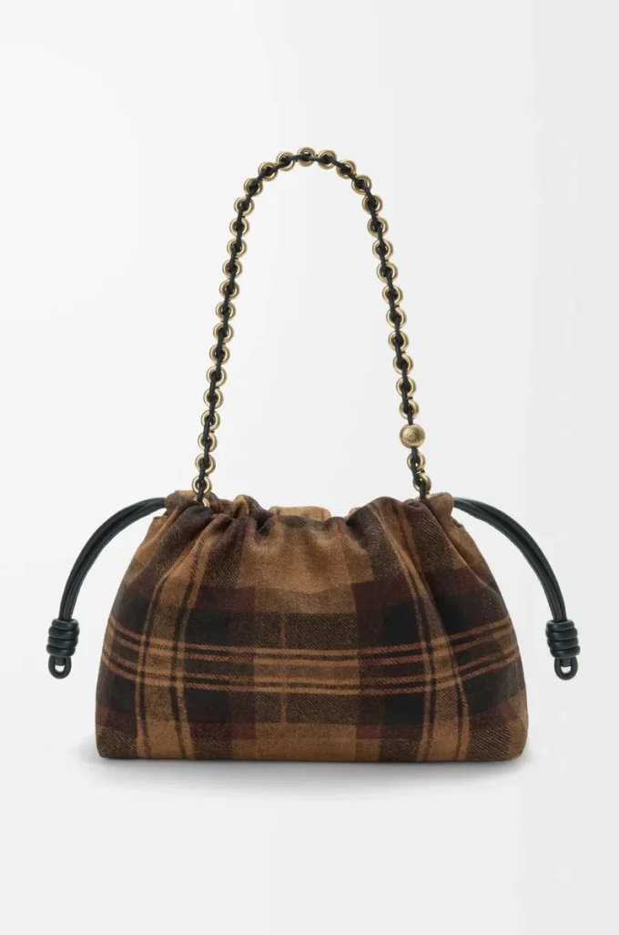 Sac à main Flamenco moyen en daim tartan beige/noir