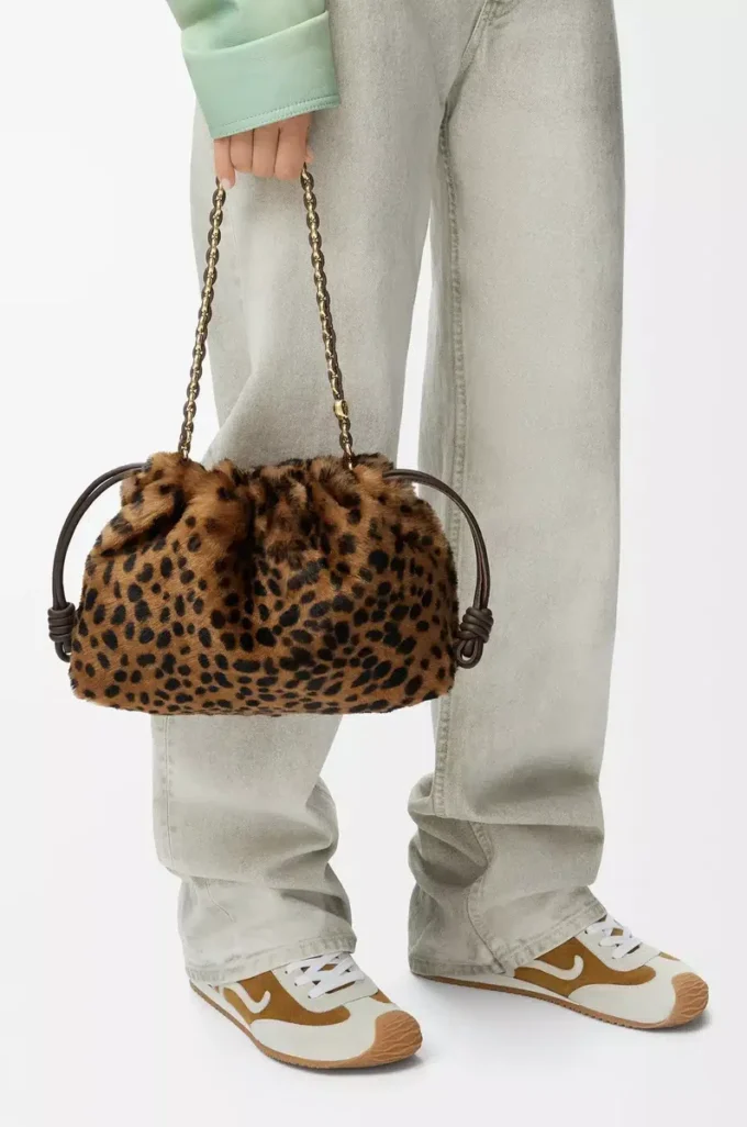 Sac à main Flamenco moyen en peau lainée imprimée Beige/Marron