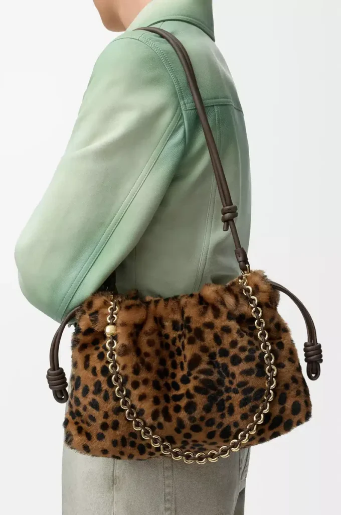 Sac à main Flamenco moyen en peau lainée imprimée Beige/Marron