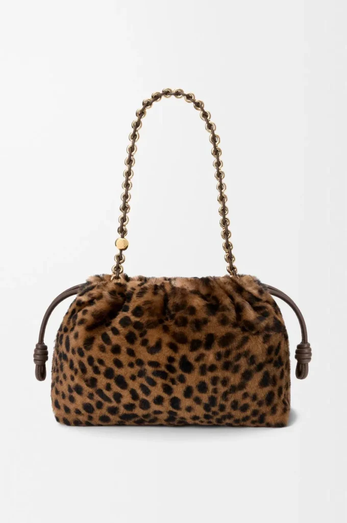 Sac à main Flamenco moyen en peau lainée imprimée Beige/Marron