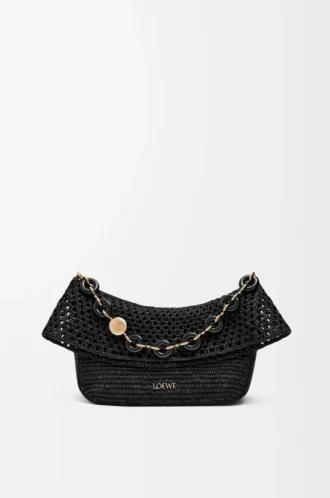 Sac Ola moyen en raphia et cuir de veau noir