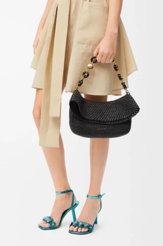 Sac Ola moyen en raphia et cuir de veau noir