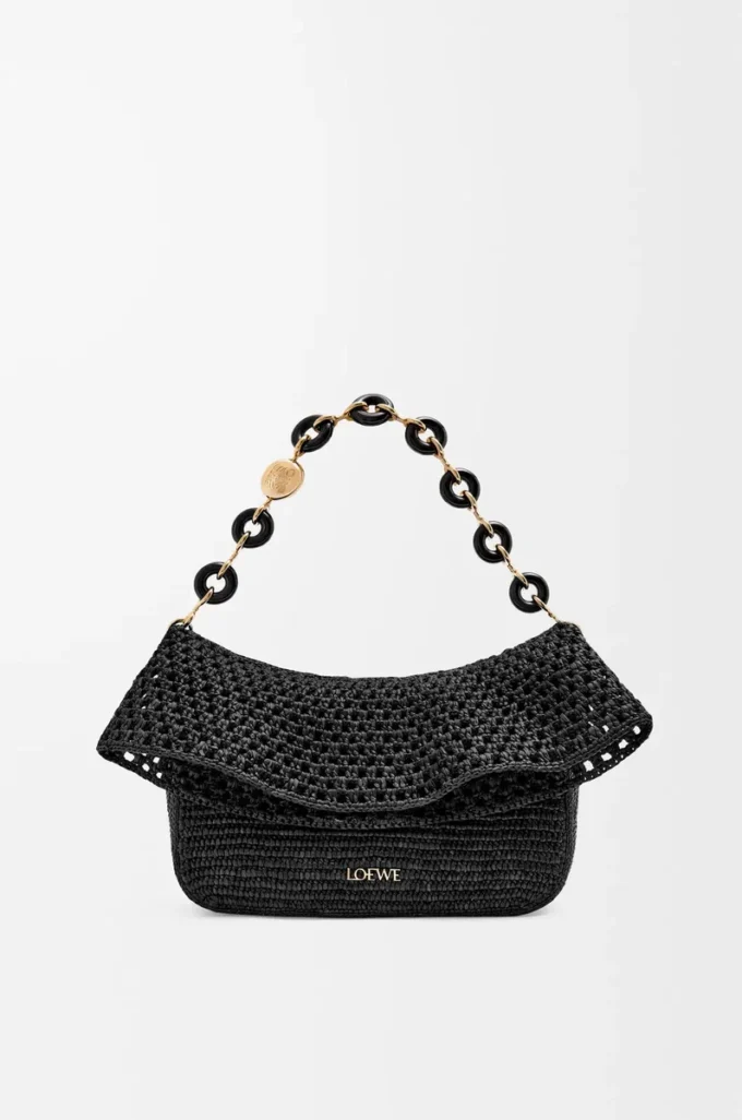 Sac Ola moyen en raphia et cuir de veau noir