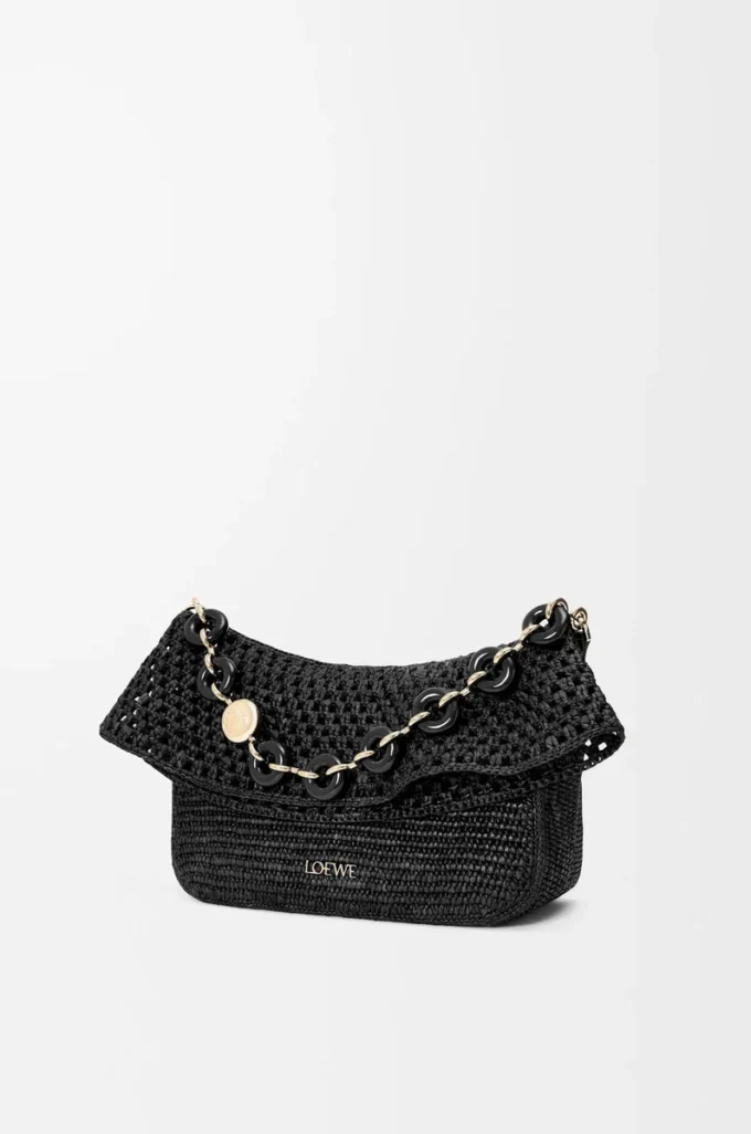 Sac Ola moyen en raphia et cuir de veau noir