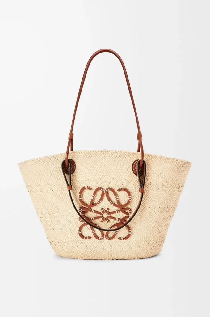 Sac panier Anagram moyen en palmier iraca et cuir de veau Naturel/Tan