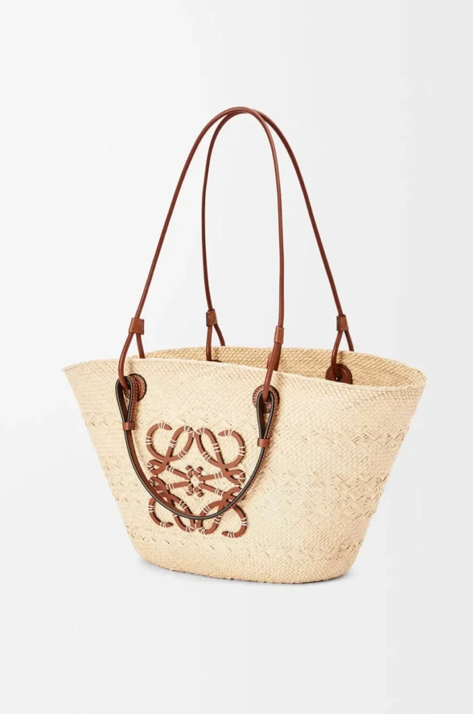Sac panier Anagram moyen en palmier iraca et cuir de veau Naturel/Tan