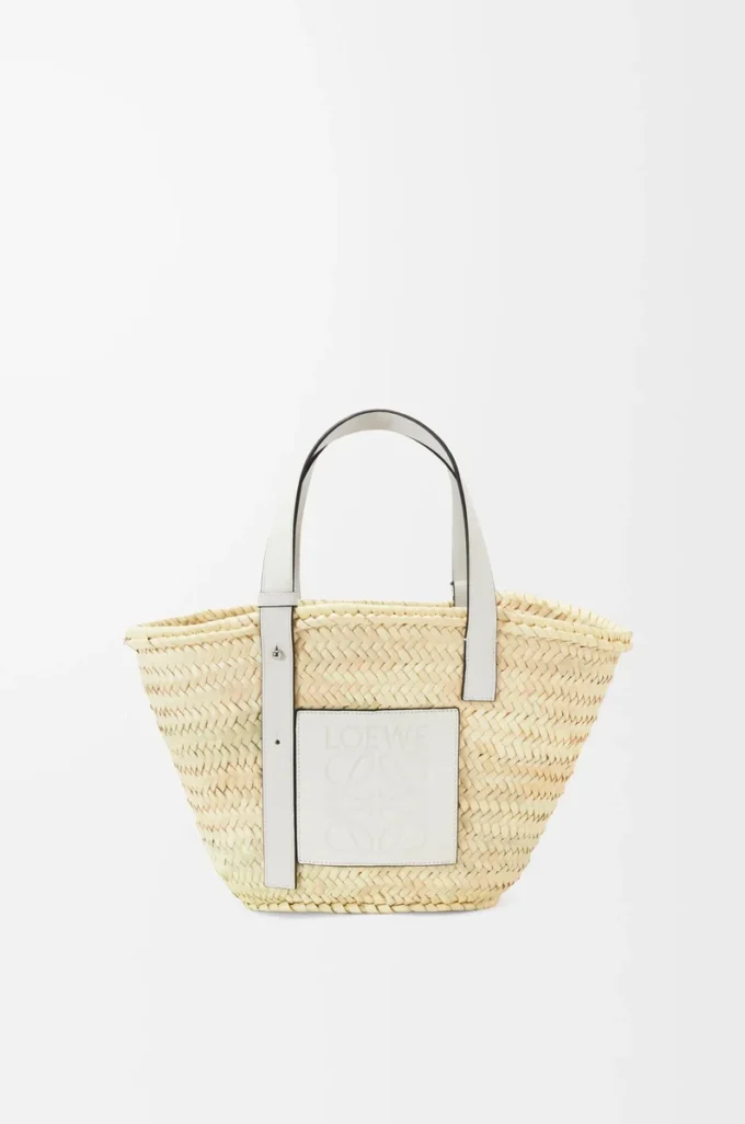 Sac panier en feuille de palmier et cuir de veau Naturel/Blanc