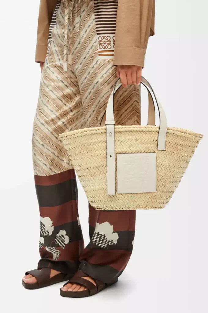 Sac panier en feuille de palmier et cuir de veau Naturel/Blanc
