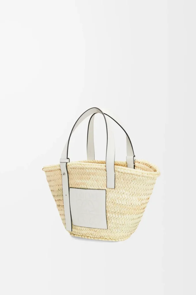 Sac panier en feuille de palmier et cuir de veau Naturel/Blanc