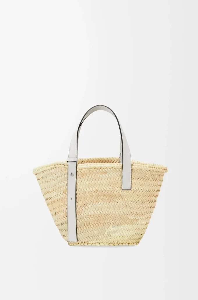 Sac panier en feuille de palmier et cuir de veau Naturel/Blanc