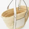Sac panier en feuille de palmier et cuir de veau Naturel/Blanc