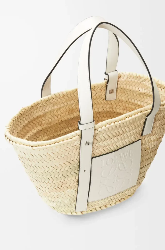 Sac panier en feuille de palmier et cuir de veau Naturel/Blanc
