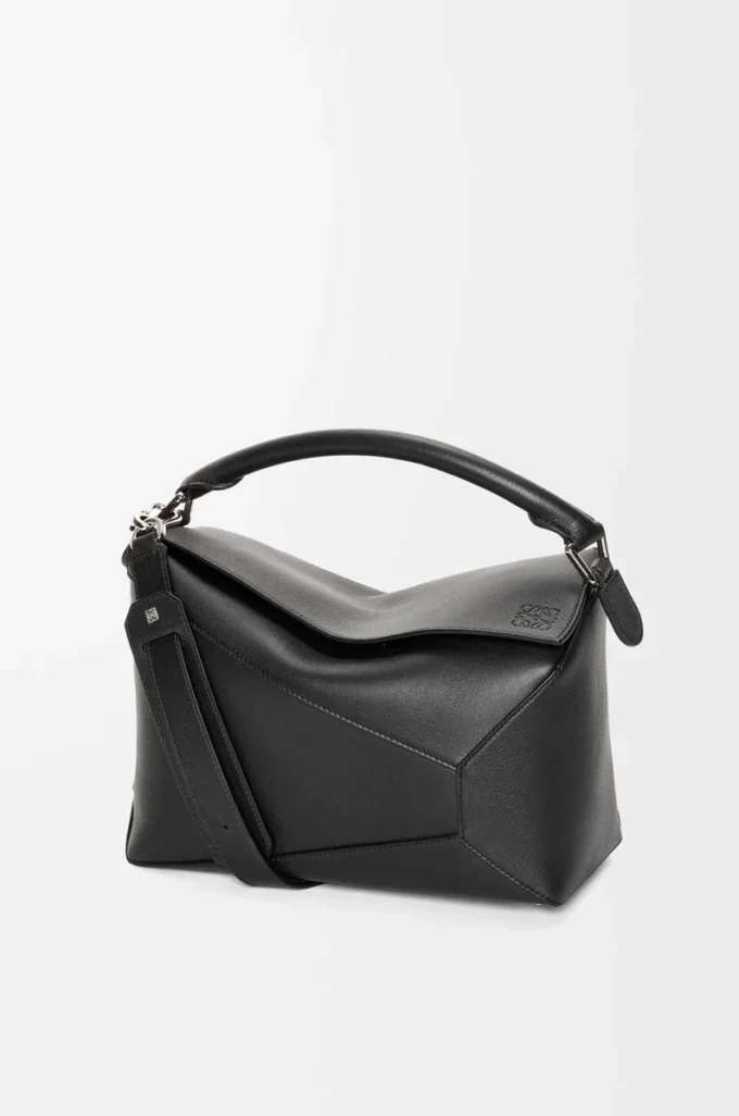 Sac Puzzle Edge moyen en cuir de veau classique noir