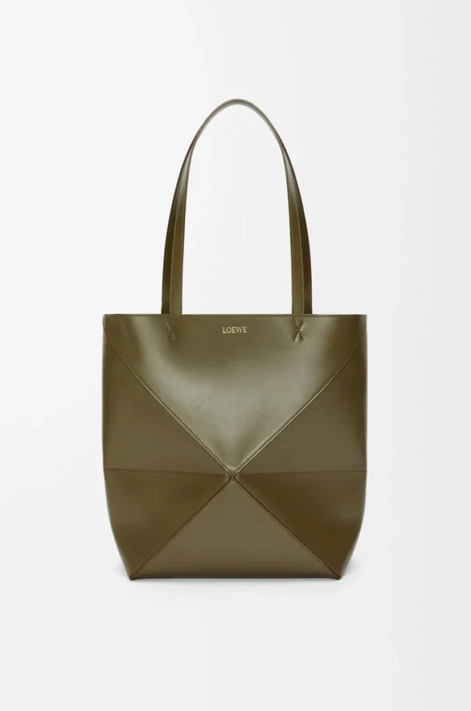 Sac Puzzle Fold moyen en cuir de veau brillant Dark Khaki