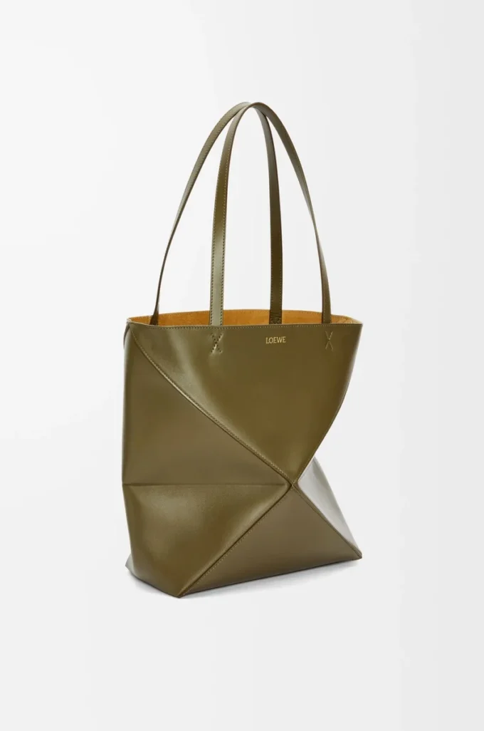 Sac Puzzle Fold moyen en cuir de veau brillant Dark Khaki