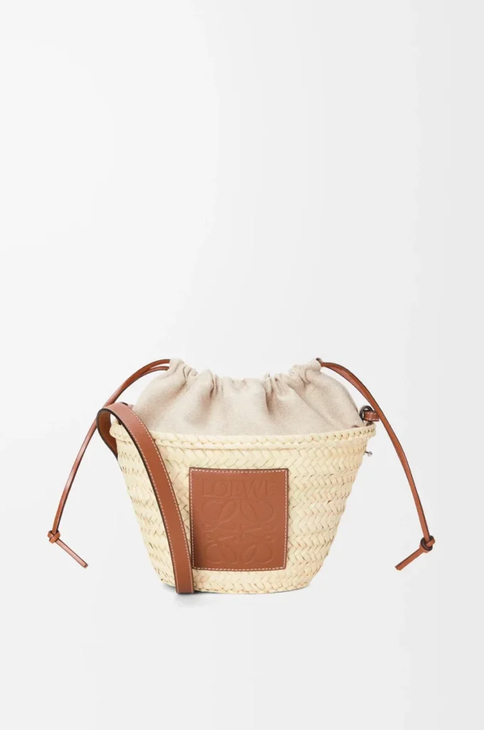 Sac seau à cordon en feuille de palmier et cuir de veau Naturel/Tan