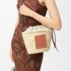 Sac seau à cordon en feuille de palmier et cuir de veau Naturel/Tan