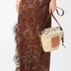 Sac seau à cordon en feuille de palmier et cuir de veau Naturel/Tan