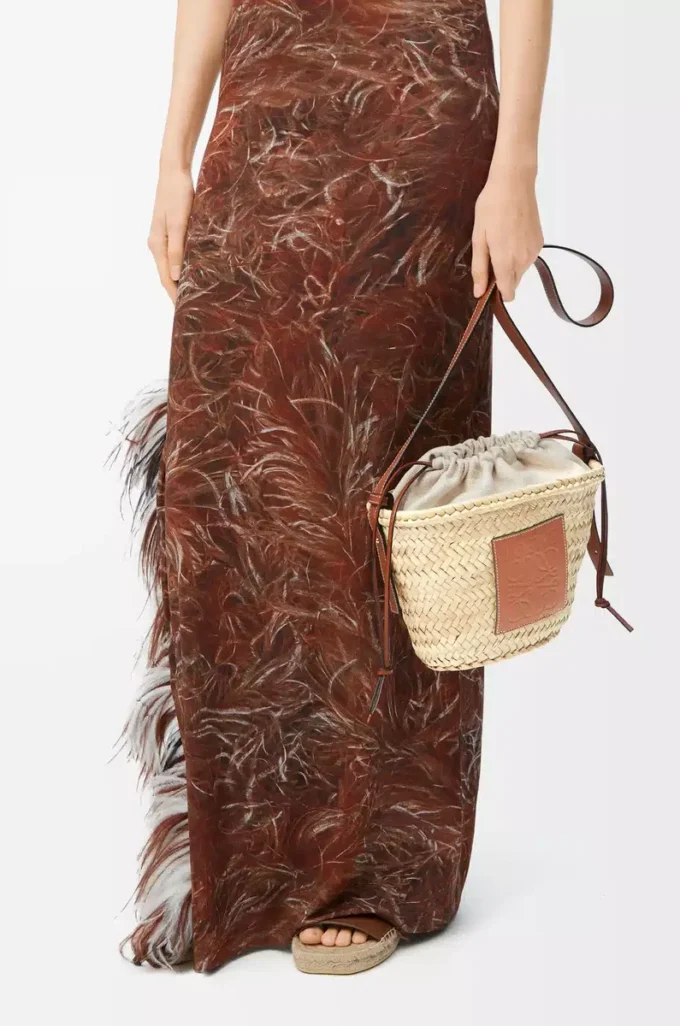 Sac seau à cordon en feuille de palmier et cuir de veau Naturel/Tan
