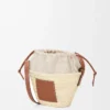 Sac seau à cordon en feuille de palmier et cuir de veau Naturel/Tan