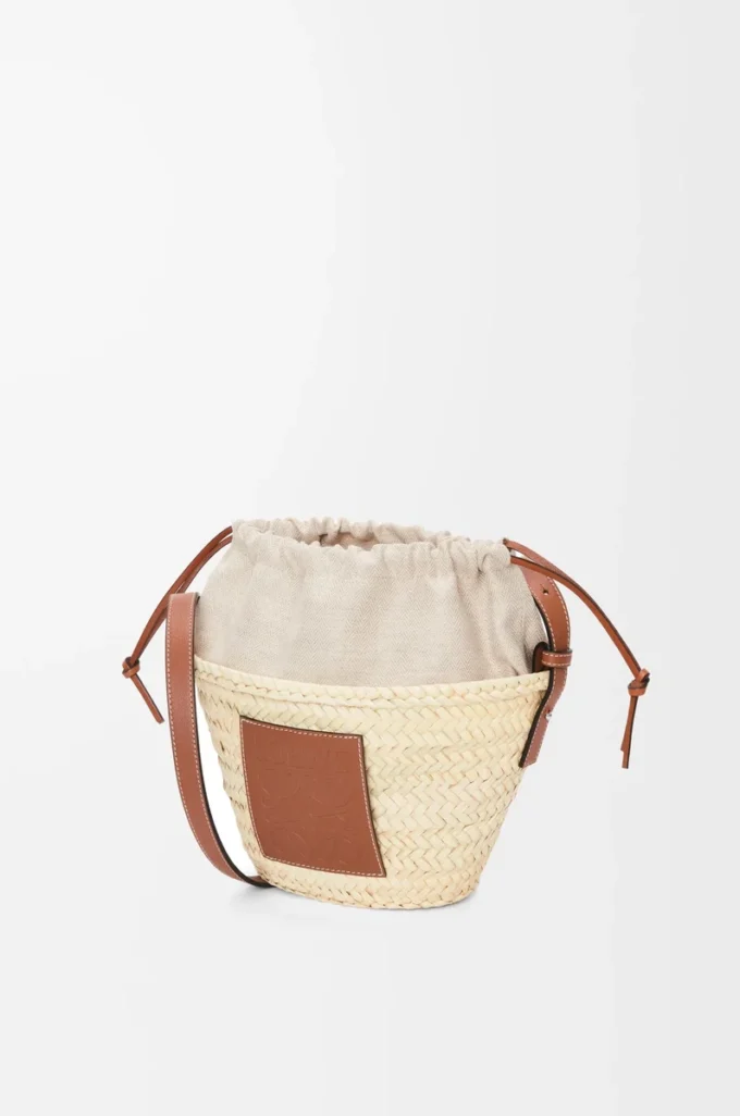 Sac seau à cordon en feuille de palmier et cuir de veau Naturel/Tan