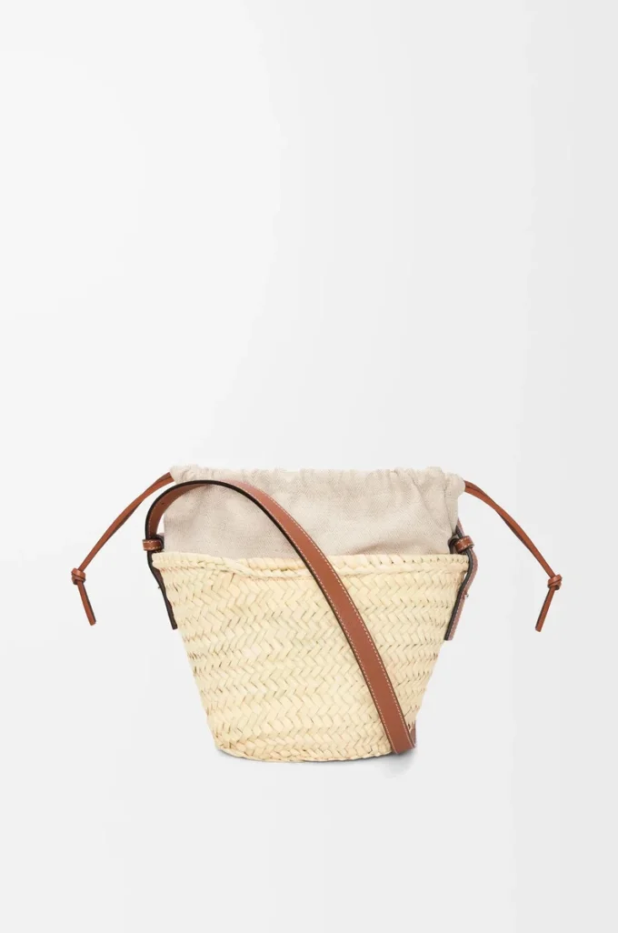 Sac seau à cordon en feuille de palmier et cuir de veau Naturel/Tan