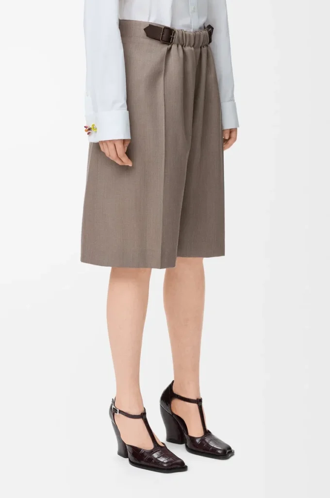 Short à ceinture en laine Beige Melange