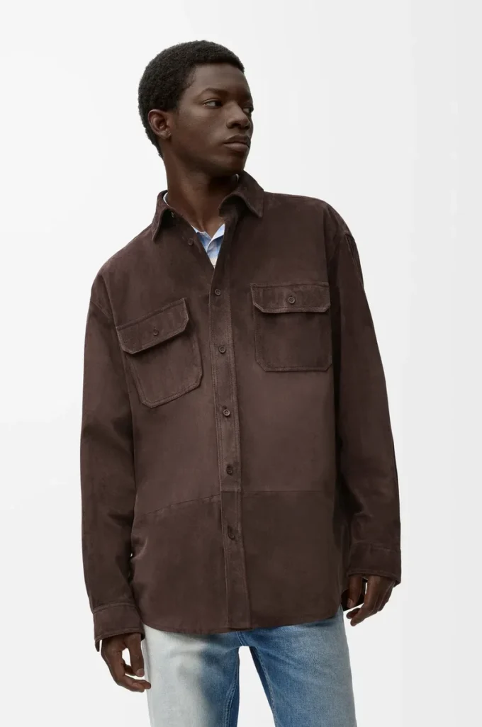 Surchemise en cuir de veau suédé marron foncé