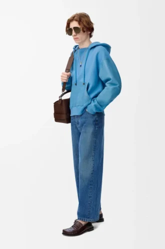 Sweat à capuche hybride en coton et cuir d&rsquo;agneau nappa Bleu