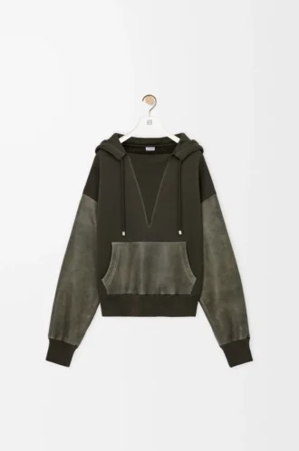 Sweat à capuche hybride en coton et cuir d&rsquo;agneau nappa Vert kaki