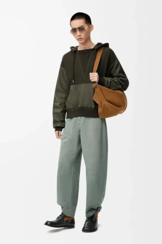 Sweat à capuche hybride en coton et cuir d&rsquo;agneau nappa Vert kaki