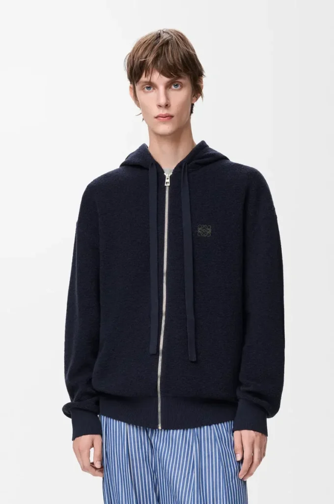 Sweat à capuche zippé Anagram en laine bleu marine