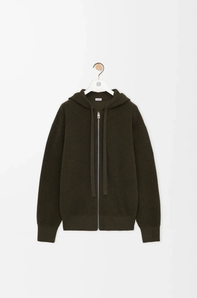 Sweat à capuche zippé Anagram en laine vert kaki
