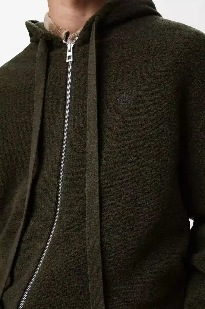 Sweat à capuche zippé Anagram en laine vert kaki