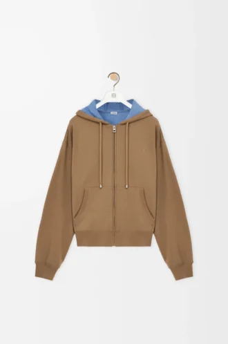 Sweat à capuche zippé en coton beige/bleu Sweat à capuche zippé en coton beige/bleu