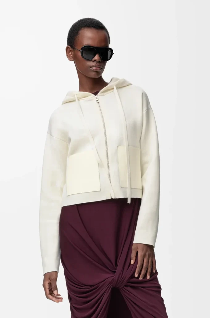 Sweat à capuche zippé en laine Blanc