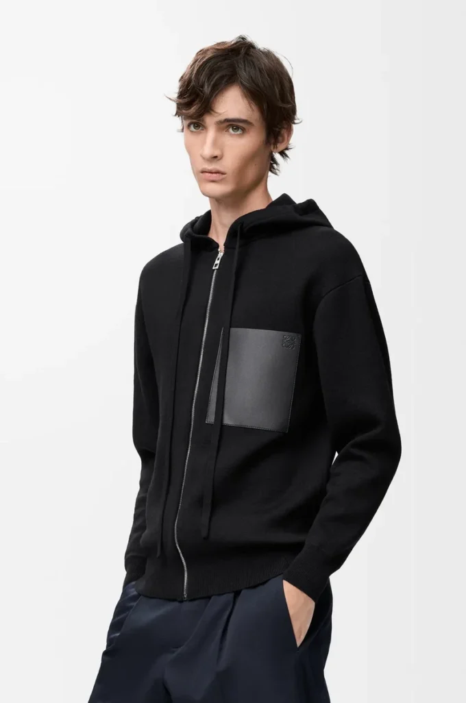 Sweat à capuche zippé en laine Noir