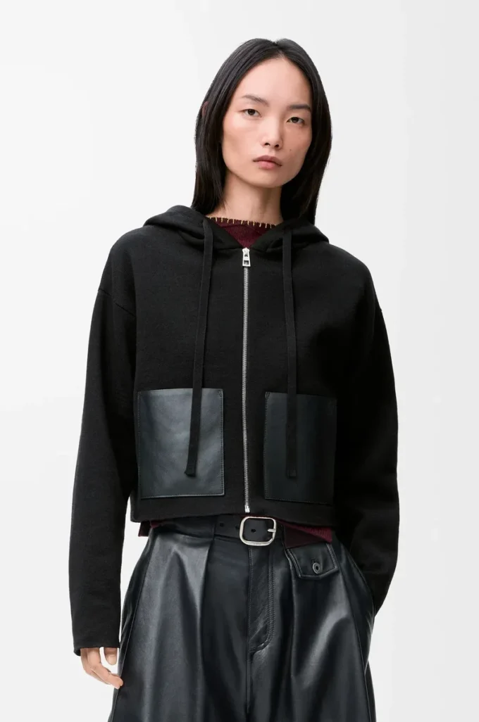 Sweat à capuche zippé en laine Noir