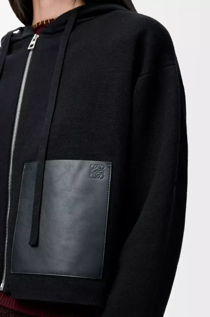 Sweat à capuche zippé en laine Noir
