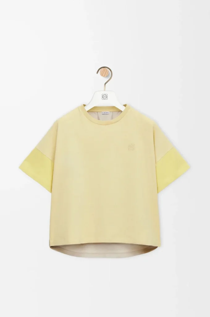 T-shirt coupe carrée en coton et soie gris pâle/citrine clair
