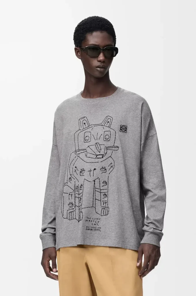 T-shirt à manches longues en coton gris chiné T-shirt à manches longues en coton gris chiné