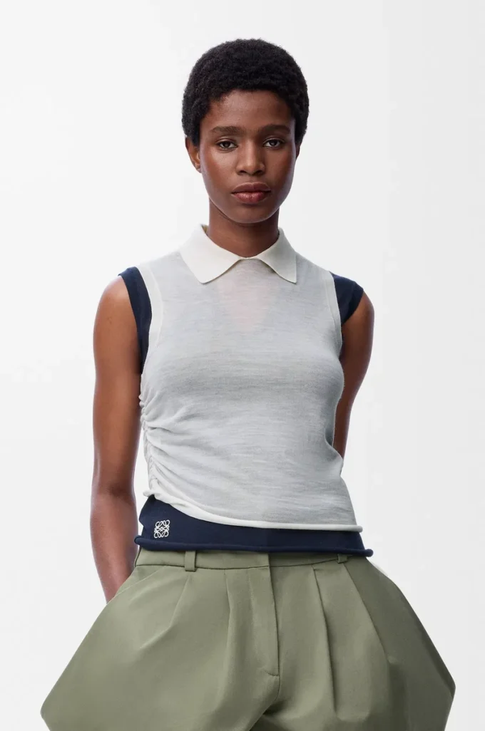 Top drapé en cachemire Blanc/Bleu marine