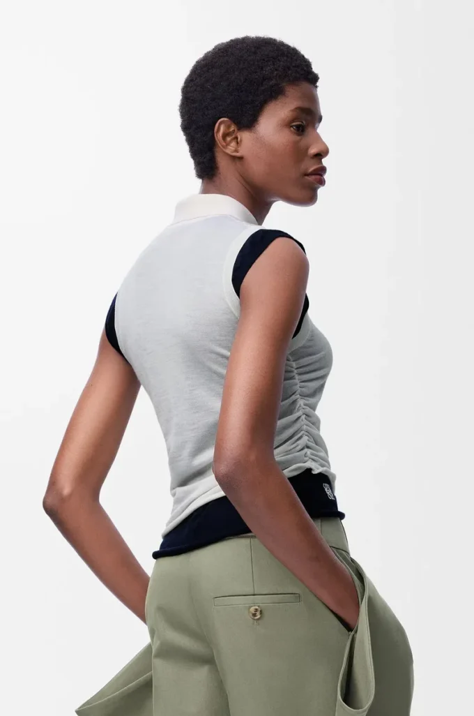 Top drapé en cachemire Blanc/Bleu marine